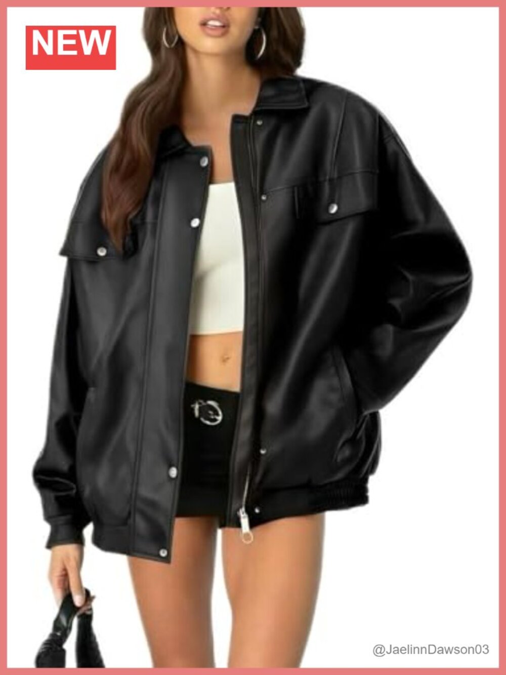 Oversized Faux Leather Bomber Jacket Zip Up Motorcycle Coat